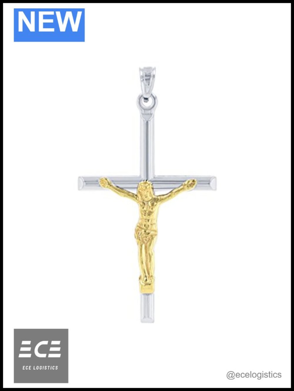 14k White Gold Two-Tone Tube Cross Charm Jesus Crucifix Pendant